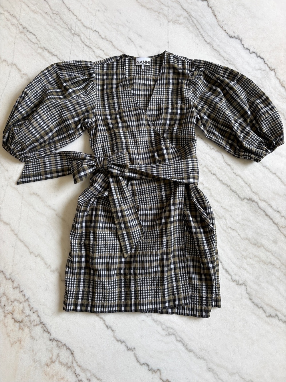 GANNI Olive and Black Plaid Wrap Mini Dress